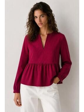 FRNCH Margot Peplum Blouse Medium Pink Black Speckled Keyhole Long Sleeve